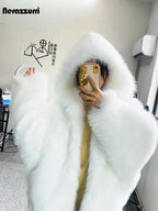 Nerazzurri Autumn Winter Oversized White Black Warm Shaggy Hairy Faux Fur Coat Women with Hood Loose Casual Fluffy Jacket 2023