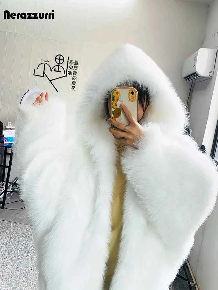 Nerazzurri Autumn Winter Oversized White Black Warm Shaggy Hairy Faux Fur Coat Women with Hood Loose Casual Fluffy Jacket 2023