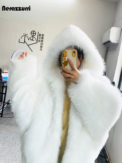 Nerazzurri Autumn Winter Oversized White Black Warm Shaggy Hairy Faux Fur Coat Women with Hood Loose Casual Fluffy Jacket 2023