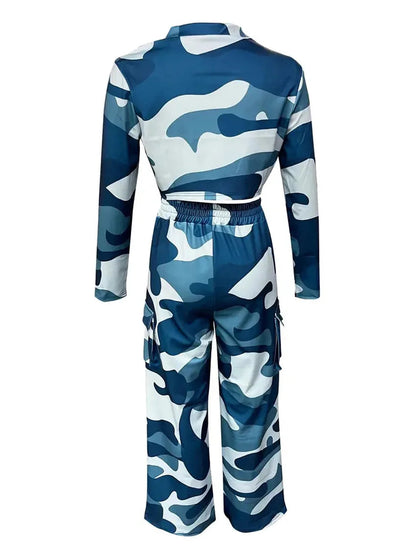 Camo Print Cargo Pants Sets Sexy Crop Tops & Elastic High Waist Wide Leg Trousers Women's Two Pieces Set Casual SweatOutfits SS69