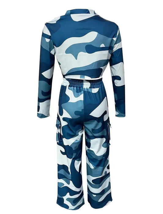 Camo Print Cargo Pants Sets Sexy Crop Tops & Elastic High Waist Wide Leg Trousers Women's Two Pieces Set Casual SweatOutfits SS69