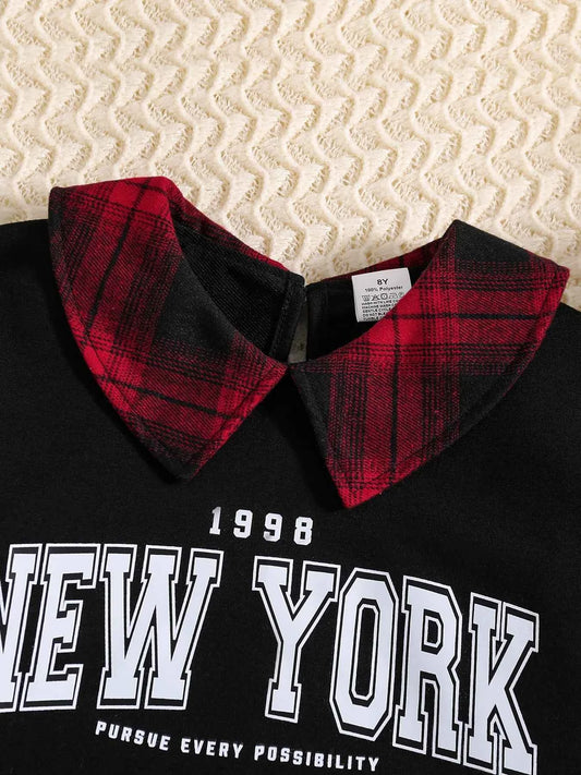 Girls Fashion Casual 2-Piece Set Black Lapel Long-Sleeved Letter Print Shirt Plaid Skirt Spring Autumn New
