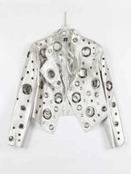 Nerazzurri Spring Autumn Short Hollow Out Pu Leather Jacket Women Rivet Cool Stylish Luxury Designer Clothes Runway Fashion 2024