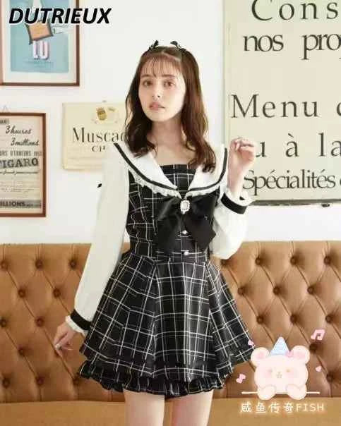 Japanese Style Women's Outfits Sailor Collar Plaid Rhinestone Bow Dress Shorts Set Sweet Lolita Mine Series Dress Two-Piece Suit