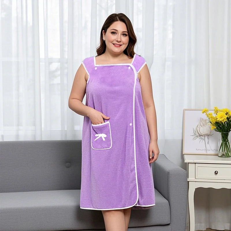1 Pcs Women's Plus Size Wearable Bath Towel-Cute Bow Soft Shower Skirt for Women-Adjustable Bath Robe with Pocket for Home an