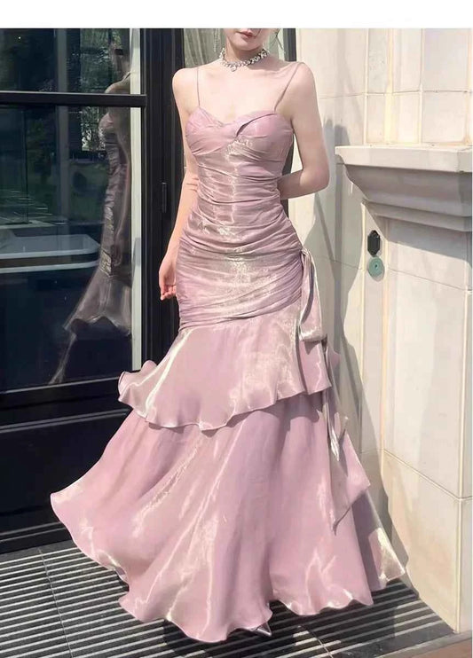 Women Summer New Elegant Ruffled Maxi Dress Light Luxury Bodycon Sling Fishtail Dresses Vintage Party Gown Prom and Events