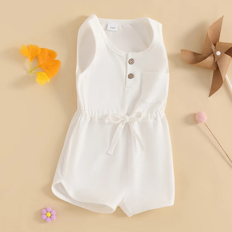 2024-12-04 Lioraitiin Litter Girls Summer Casual Jumpsuit Sleeveless Crewneck Solid Color Drawstring Tank Romper - SS69 