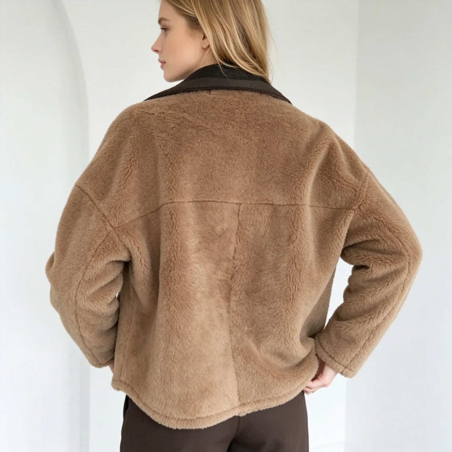 PUAL Women's Fuzzy Fleece Zip-Up Jacket with High Collar & Big Pockets