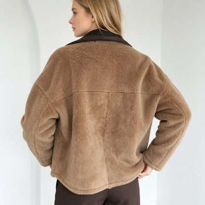 PUAL  2026 new fuzzy fleece zip up jacket, high collar, big pockets, warm casual short outerwear, cozy winter women plush coat