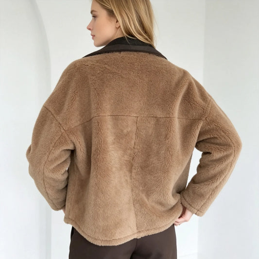 PUAL  2026 new fuzzy fleece zip up jacket, high collar, big pockets, warm casual short outerwear, cozy winter women plush coat
