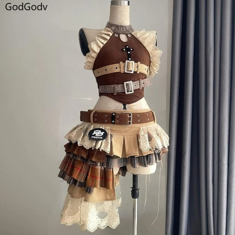 Punk Style Vintage Elegant Y2K Woman 2 Piece Sets Gothic Sleveless Crop Tops +High Waist Ruffle Skirt Female Party Chic Outfits