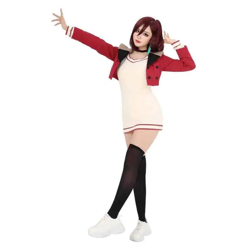 DAZCOS Momo Ayase Dan Da Cosplay Costume Full Set Outfit Red Suite Jacket Knitted Dress for Women Halloween