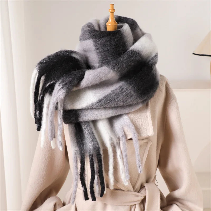 RUNMEIFACN Women's Winter Plaid Cashmere Blend Scarf with Tassels