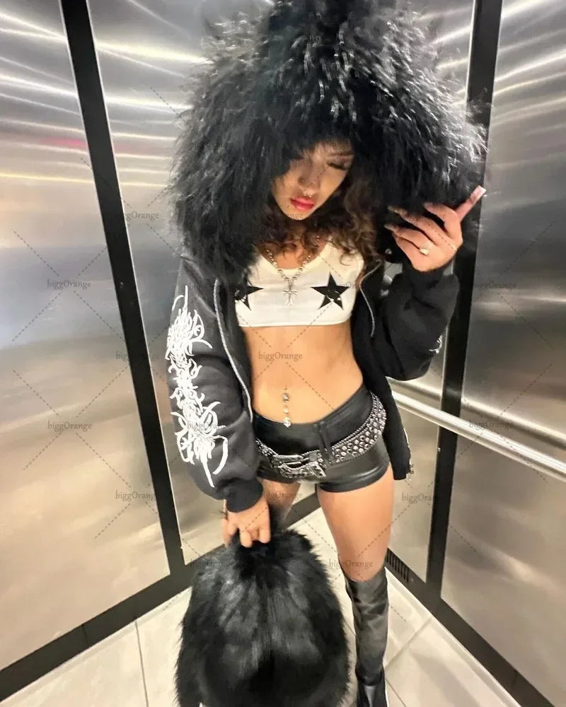 Y2K Fashion Collection Versatile Jacket Zip Up Hoodies Casual Plush fur Hooded Womens Comfortable Thickened Cardigan Coat Tops SS69