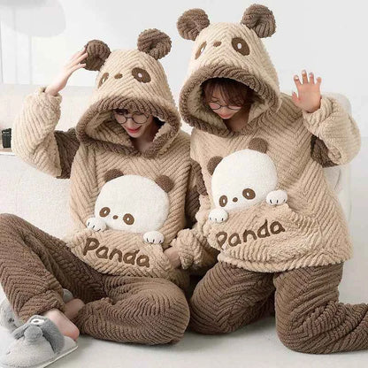 Adult Winter Thicken Sleepwear Pajamas Set Women Coral Fleece Pyjama Cartoon Deer Panda Hooded Homewear Loungewear Pijamas Suit