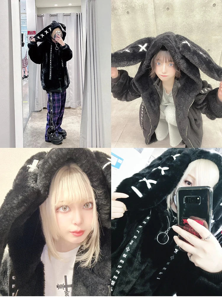 Nerazzurri Winter Sweet Cute Kawaii Soft Thick Warm White Faux Fur Coat Women with Bunny Ears Cute Fluffy Jacket Hoodie 2024 SS69
