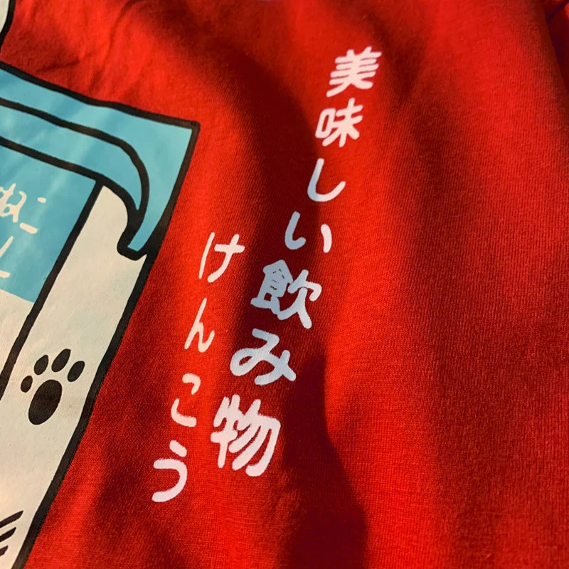 Cute Japanese Cat Print Oversized T-shirt Women Men Short Sleeve Loose Casual Tee Shirt Streetwear Tops Cotton Harajuku Clothing SS69