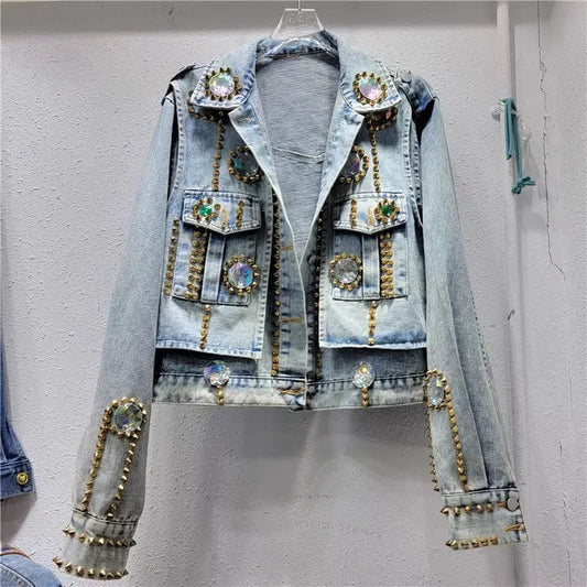 Color Gem Stitching Denim Coat Autumn New American Style Vintage Washed Beaded Rivet Street Fashion Short Jacket Women Trendy SS69