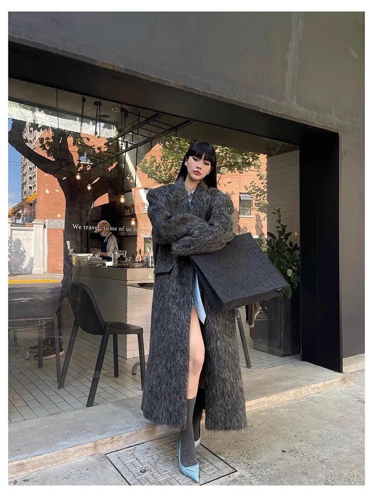 Mauroicardi Autumn Winter Oversized Extra Long Warm Thick Gray Wool & Blends Coat Women Loose Casual Fluffy Korean Fashion 2024