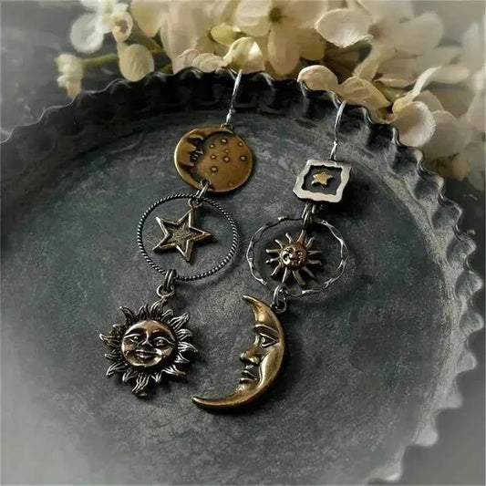 SS69 Greek Mythology Sun and Moon Asymmetric Drop Earrings, Zinc Alloy