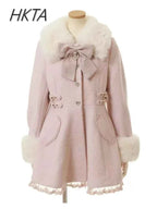 Japanese Sweet Cute Bow Pink Woolen Coat Winter New Versatile Lolita Girls Lace Love Warm Long Overcoat Liz Coat Women Clothes