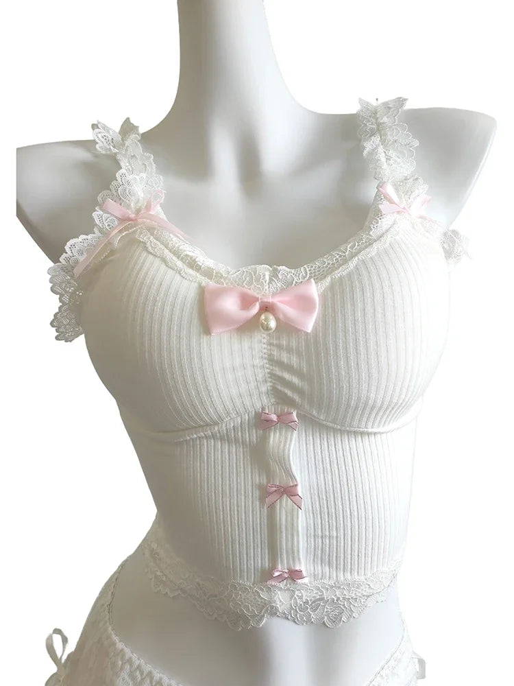 Sweet Crop Top Women Lace Trim Cotton Cropped Bows Bead Decoration Pink White Cute Camis Sweet Girls Lolita Style Kawaii Clothes SS69