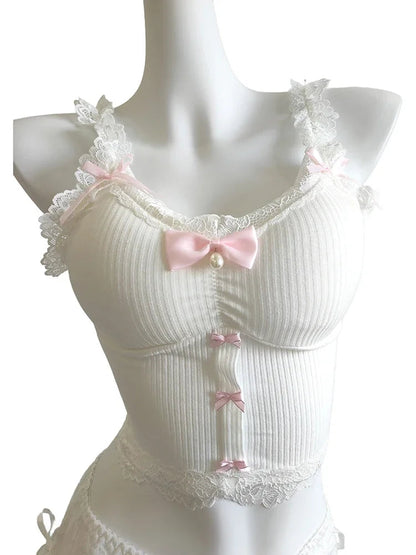 Sweet Crop Top Women Lace Trim Cotton Cropped Bows Bead Decoration Pink White Cute Camis Sweet Girls Lolita Style Kawaii Clothes SS69