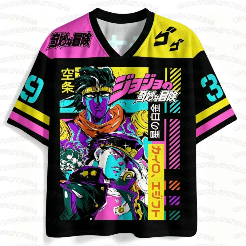 2026 Men's Women's Popular Anime JOJO Jotaro Kujo Street V-neck Jersey Harajuku Printed Breathable Sports Short T-shirt Tops