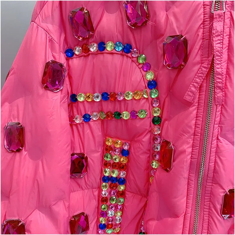 Winter Ruffles Mesh Stitching Rainbow Diamonds Parkas Jacket Gauze Pleated Gemstones Cotton-padded Coat Zippers Crystal Outwear SS69