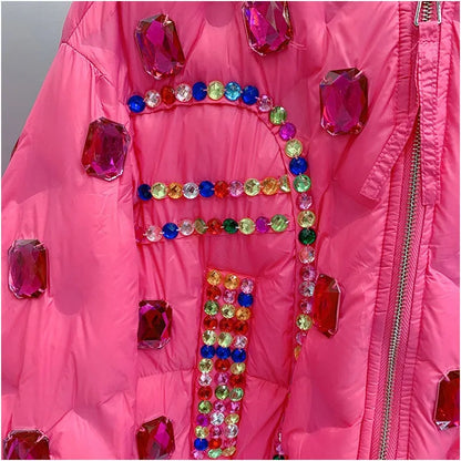 Winter Ruffles Mesh Stitching Rainbow Diamonds Parkas Jacket Gauze Pleated Gemstones Cotton-padded Coat Zippers Crystal Outwear SS69