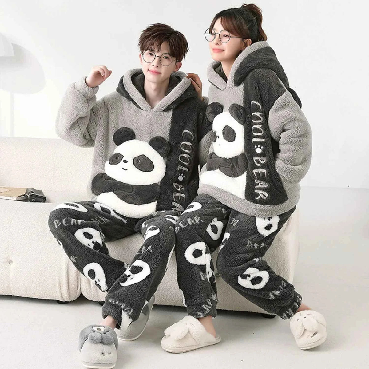 Adult Winter Thicken Sleepwear Pajamas Set Women Coral Fleece Pyjama Cartoon Deer Panda Hooded Homewear Loungewear Pijamas Suit