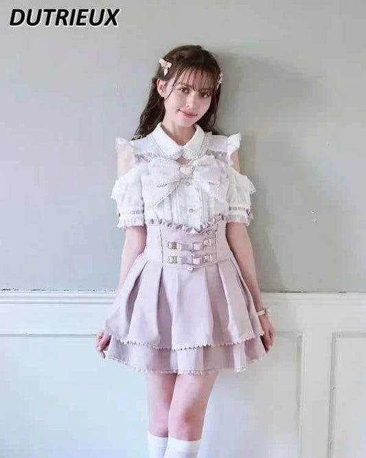Japanese Mine Off-Shoulder Pearl Collar Cute Sweet Big Bow Shirt Skirt Outfit Women Summer New Lolita Short-Sleeved Shirt Skirts