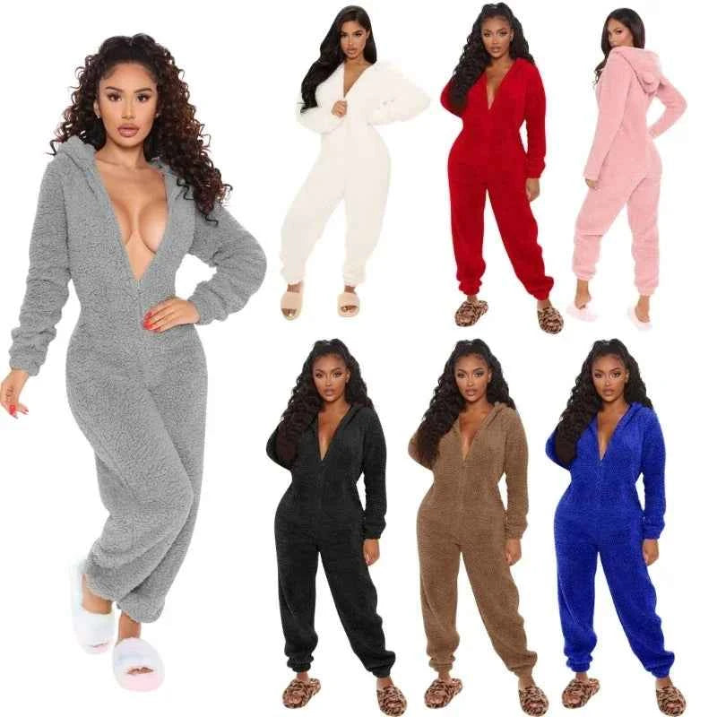 BWQ Womens Winter Warm Onesie Pajamas Fuzzy Fleece Zipper Up Bear Ear Hooded Romper Jumpsuits Sleepwear Loungewear