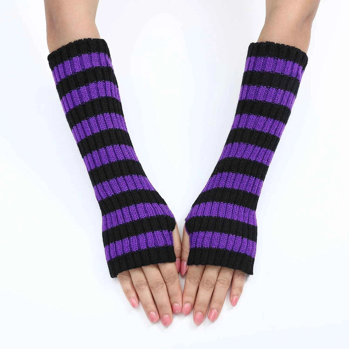 Women's Knitted Fingerless Arm Sleeves Gothic Style Striped Winter Long Arm Warmers Girls Harajuku Y2K Fashion Wrist Gloves