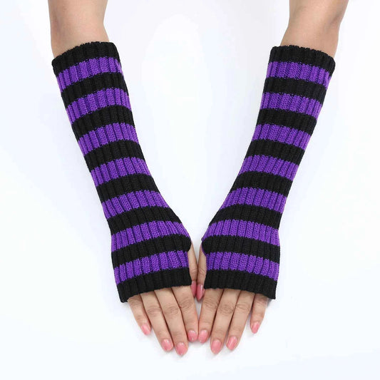 Women's Knitted Fingerless Arm Sleeves Gothic Style Striped Winter Long Arm Warmers Girls Harajuku Y2K Fashion Wrist Gloves