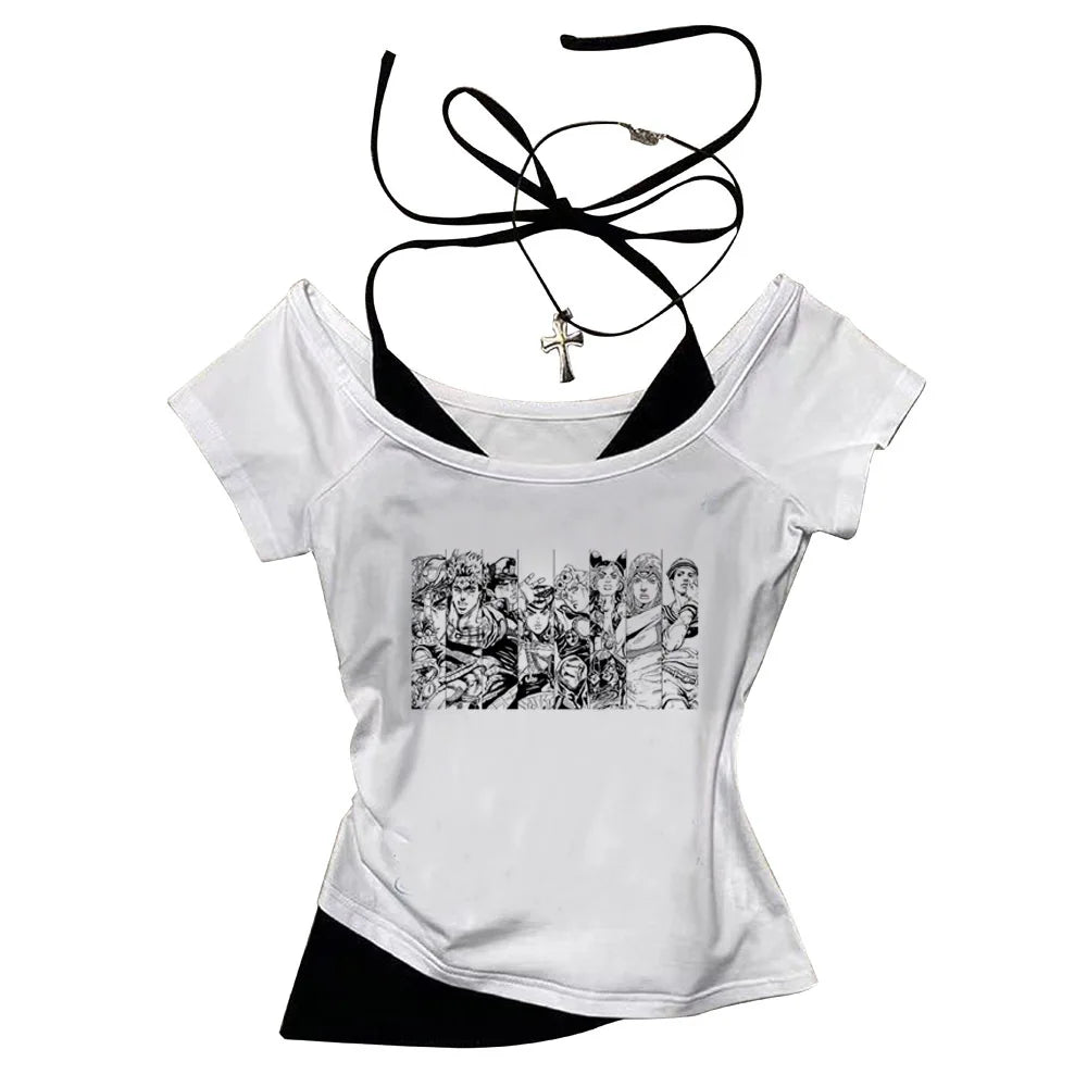Jojo Bizarre Adventure crop top Aesthetic babydoll Streetwear shoujo girl style Fairy vintage  cropped harajuku woman t-shirt