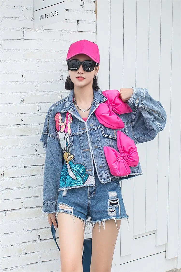 2024 New Women Coat Cartoon Sticker Embroidered Sequin Short Denim Jacket Loose Bowknot Top SS69