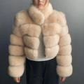 WGLUVF Women's Real Fox Fur Short O-Neck Coat