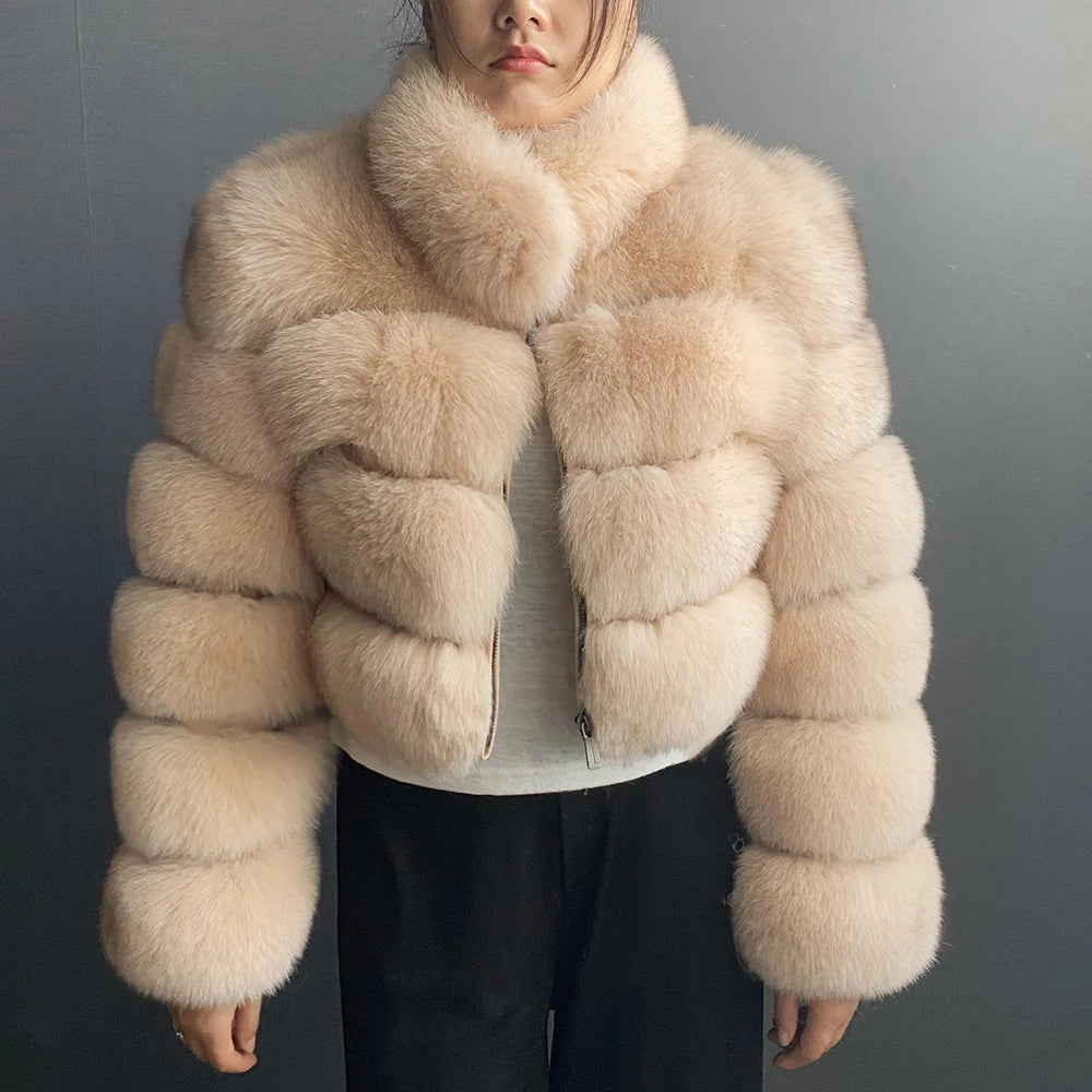 WGLUVF Women's Real Fox Fur Short O-Neck Coat