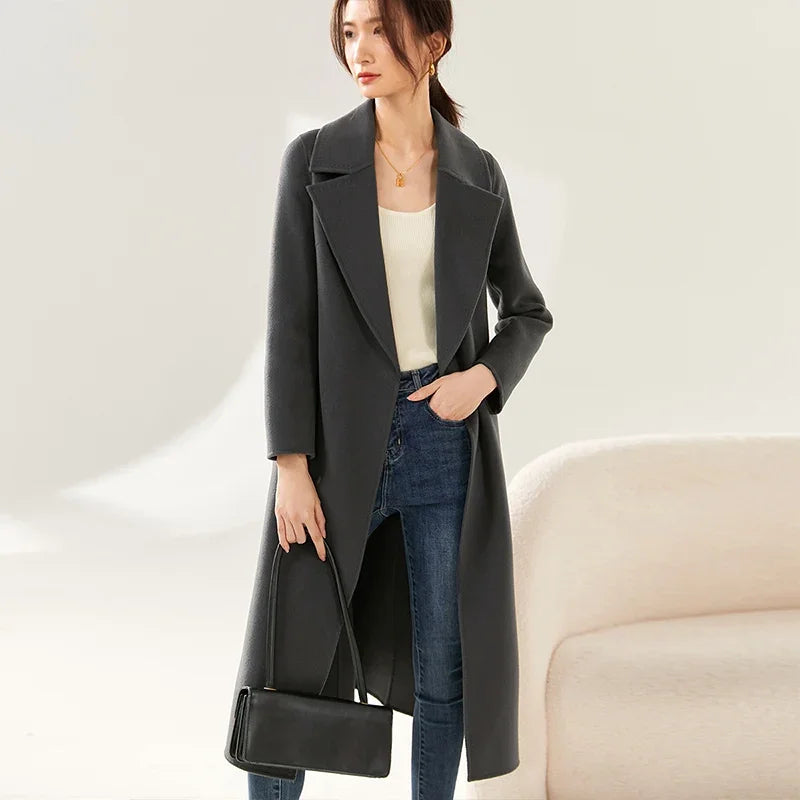 SENTUBILA Women 100% Wool Long Wrap Coat 2026 Elegant Notched Collar Belted Warm Double Faced Woolen Winter Overcoat W24O43352
