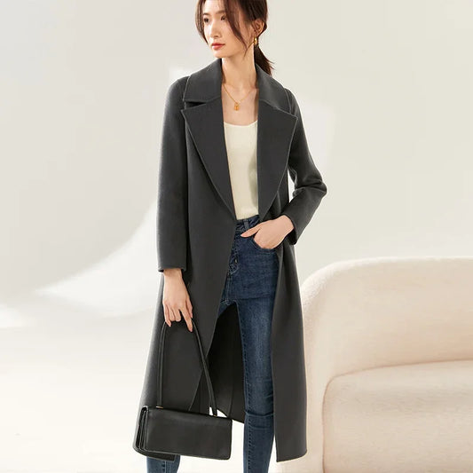 SENTUBILA Women 100% Wool Long Wrap Coat 2026 Elegant Notched Collar Belted Warm Double Faced Woolen Winter Overcoat W24O43352