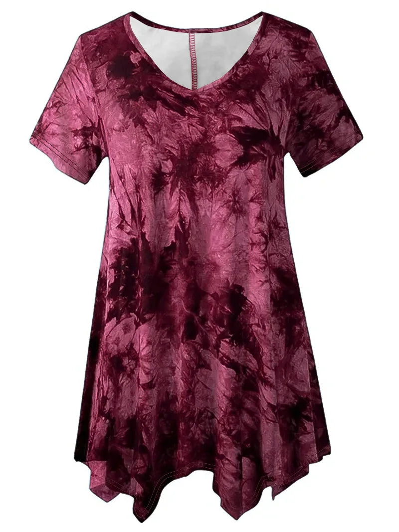 5XL Plus Size Woman Clothing Tie Dye Short Sleeve T-shirt Casual New Style V Neck Irregularity Tops Big Size Ladies Loose Tops - SS69 