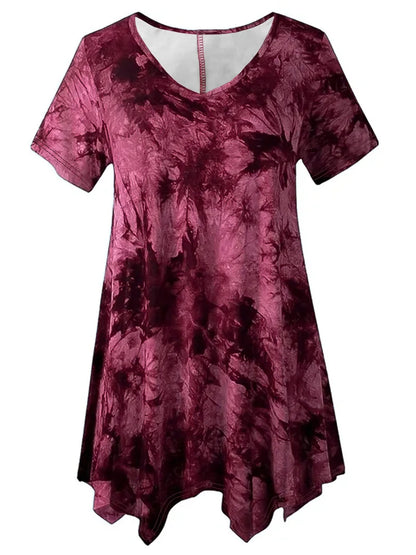 5XL Plus Size Woman Clothing Tie Dye Short Sleeve T-shirt Casual New Style V Neck Irregularity Tops Big Size Ladies Loose Tops - SS69 