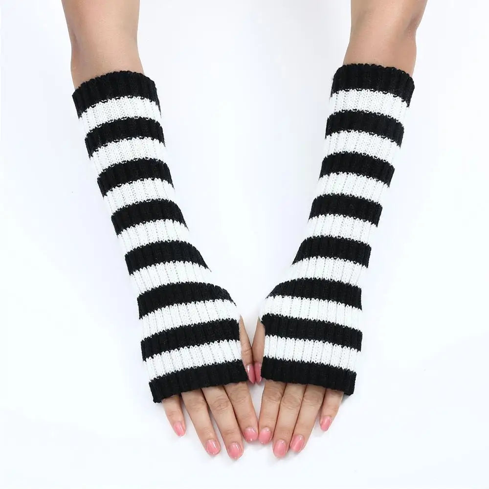 Lolita Striped Women's Knitted Fingerless Arm Sleeves Halloween Gothic Style Long Arm Warmers Girls Punk Striped Elbow Gloves SS69