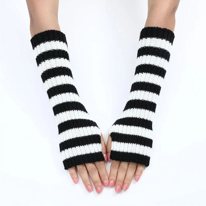 Lolita Striped Women's Knitted Fingerless Arm Sleeves Halloween Gothic Style Long Arm Warmers Girls Punk Striped Elbow Gloves SS69