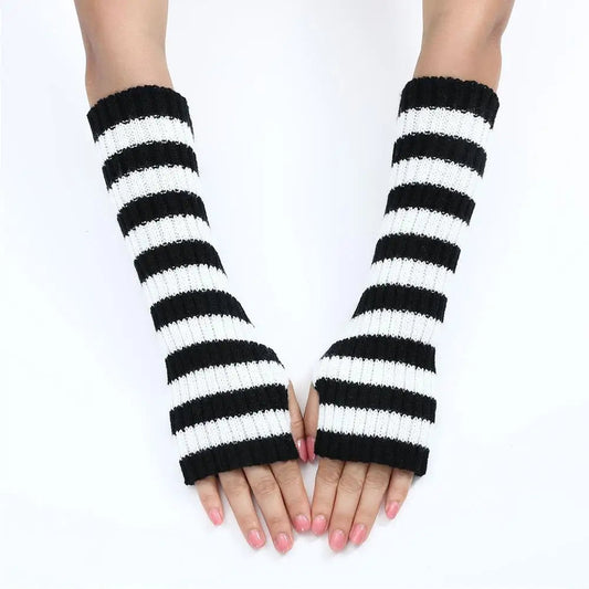 Lolita Striped Women's Knitted Fingerless Arm Sleeves Halloween Gothic Style Long Arm Warmers Girls Punk Striped Elbow Gloves SS69