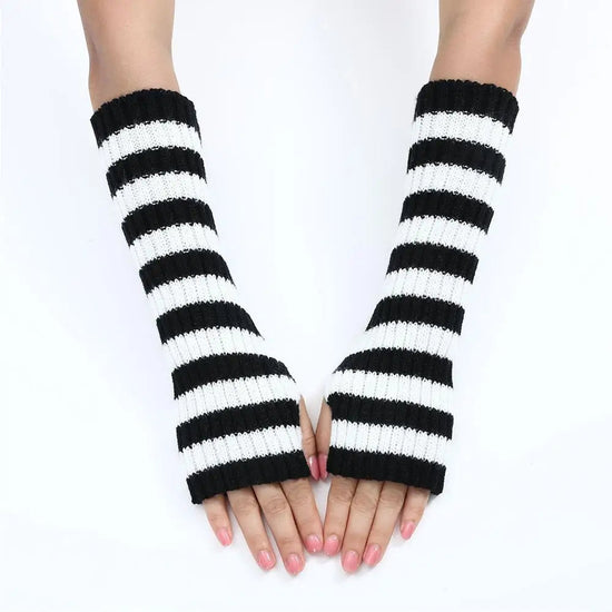 Lolita Striped Women's Knitted Fingerless Arm Sleeves Halloween Gothic Style Long Arm Warmers Girls Punk Striped Elbow Gloves SS69