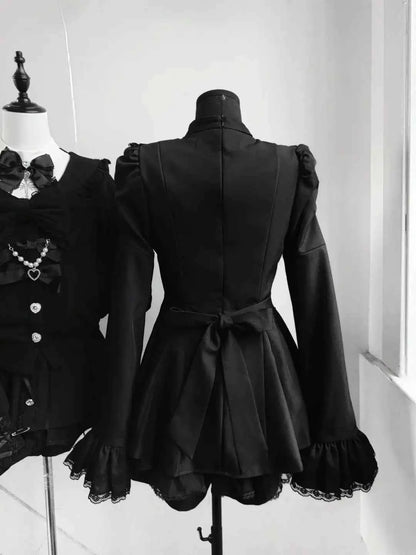 2025 Autumn Gothic Lolita Dress Sweet Heart Black Bow - Elegant Long Sleeve Short Dress with Lace Trim Slim Fit Waist for Women