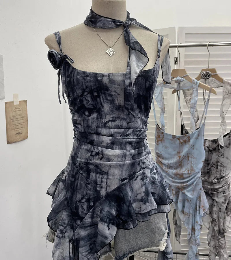 Women's Vintage Tie-dye Printed Mesh Spaghetti Strap Camisole Hot Girl Irregular Ruffled Ribbon Sleeveless Top Partyclub 1185