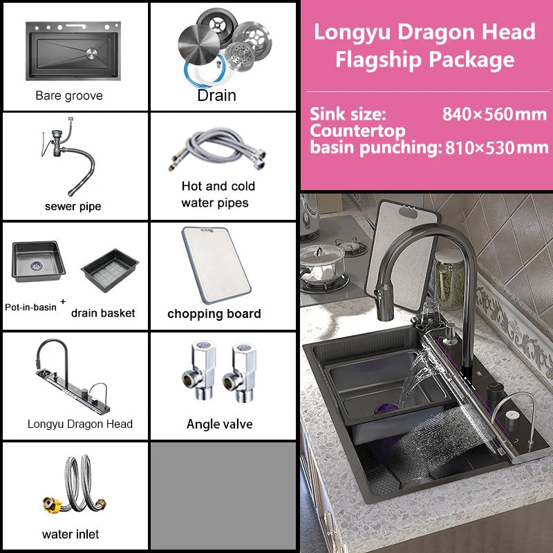 BOSX Stainless Steel Kitchen Sink with Waterfall Faucet